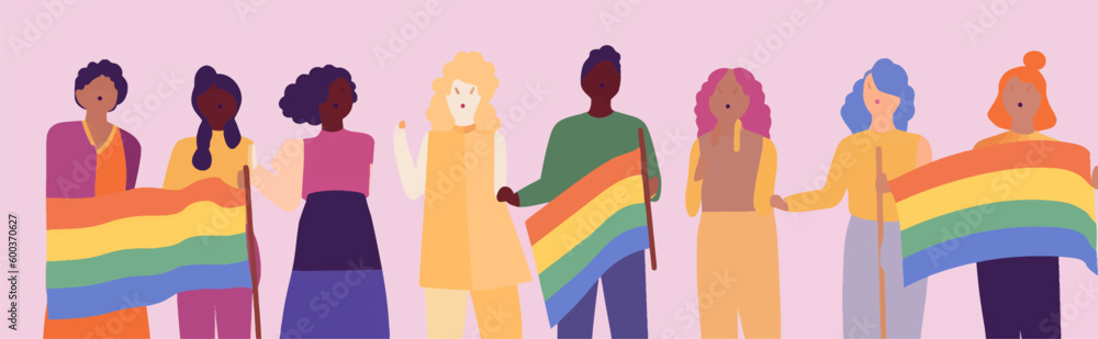 A crowd of people with an LGBTQ+ flag. Human rights peaceful protest. Rainbow banner vector LGBT pride month illustration
A crowd of people with an LGBTQ+ flag. Human rights peaceful protest. Rainbow banner vector LGBT pride month illustration