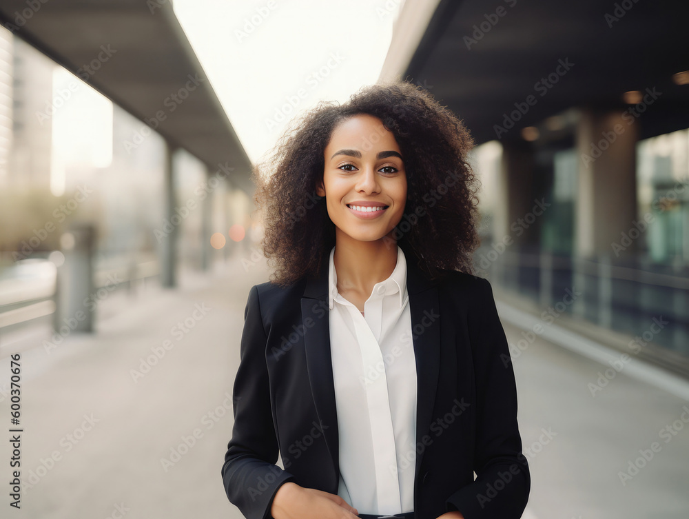 Young black businesswoman standing and smiling. Generative AI Young black businesswoman standing and smiling. Generative AI