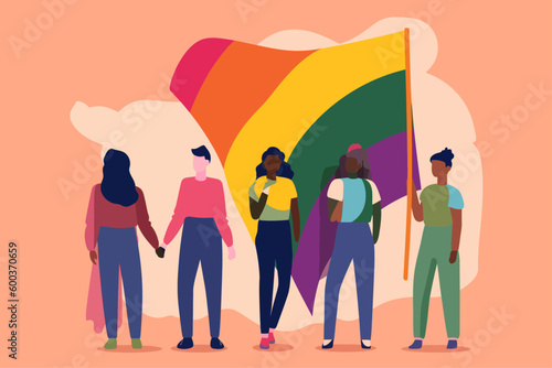 A crowd of people with an LGBTQ+ flag. Human rights peaceful protest. Rainbow banner vector LGBT pride month illustration 