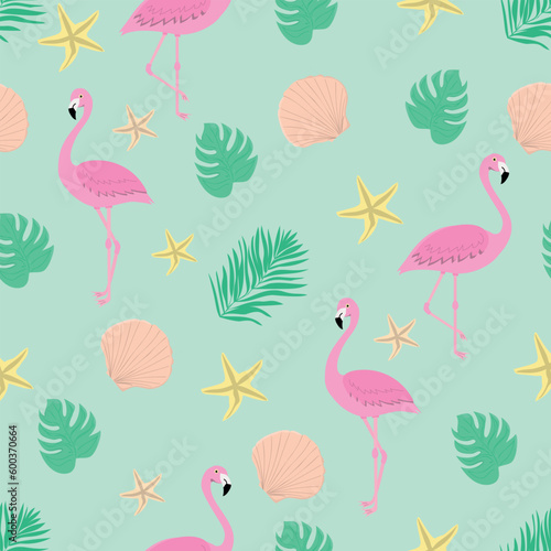 Cute summer pattern with flamingo. Tropical trendy seamless pattern. Design for fabric, wallpaper, textile and decor.