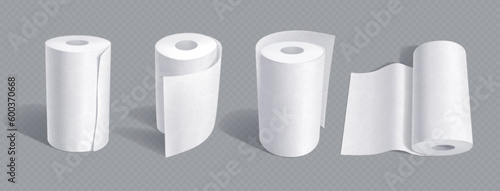Realistic set of kitchen towel mockup with perforated texture isolated on transparent background. 3D vector illustration of soft white hygiene tissue rolls for bathroom or lavatory, various view