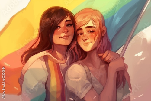 Happy lesbian couple with LGBT rainbow flag. LGBT pride month celebration vector
