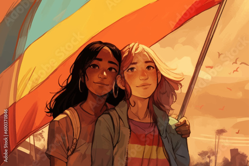 Happy lesbian couple with LGBT rainbow flag. LGBT pride month celebration vector
