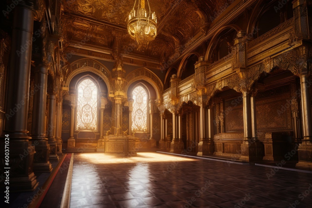 Realistic fantasy golden palace interior of royal castle. Fictional concept art backdrop. Generative AI
