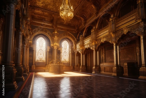 Realistic fantasy golden palace interior of royal castle. Fictional concept art backdrop. Generative AI