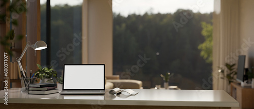 Wallpaper Mural Home workspace with laptop mockup in modern contemporary living room Torontodigital.ca