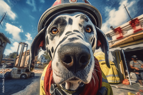 A Dalmatian im a firefighter uniform generative ai