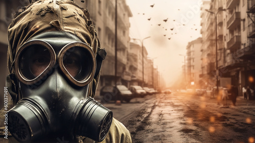 Person with a gas mask on a destroyed street