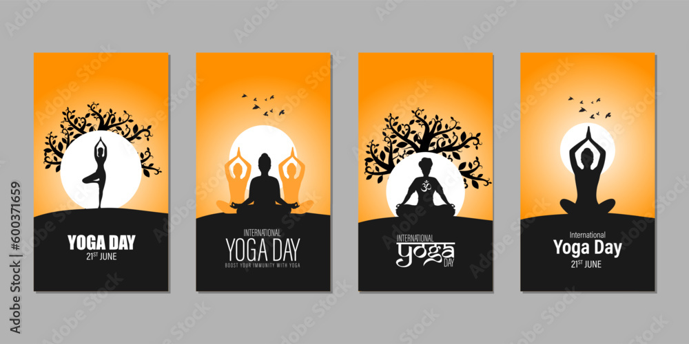 Vector illustration of Happy International Day of Yoga social media story feed set mockup template