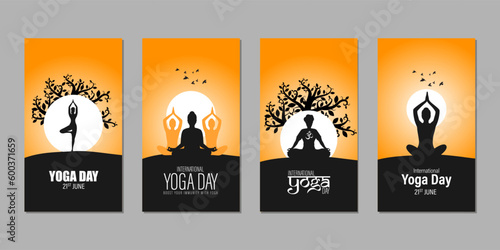 Vector illustration of Happy International Day of Yoga social media story feed set mockup template