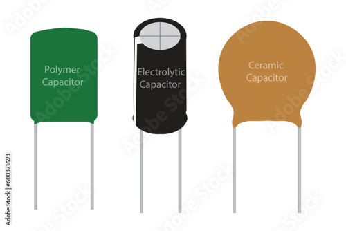 polymeric, ceramic, and electrolytic capacitors in one frame isolated with white background.