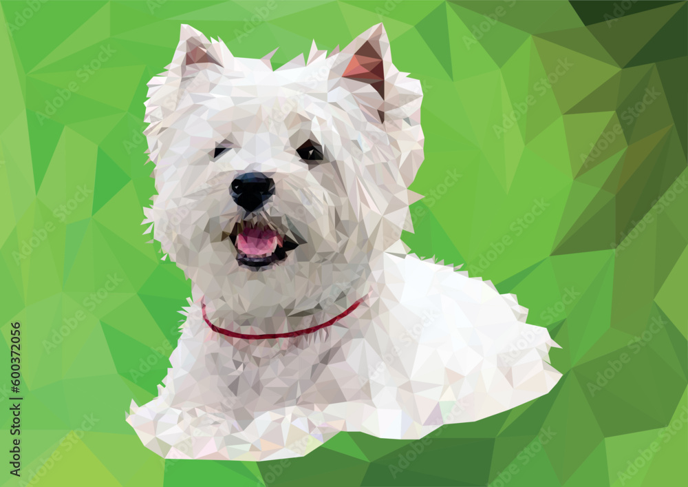 West Highland White Terrier (Westi) hand-drawn image of Vesti in mosaic (stained glass) style. Pec lies in the grass, a red collar around his neck. Vector image for printing on clothes, dishes, cards West Highland White Terrier (Westi) hand-drawn image of Vesti in mosaic (stained glass) style. Pec lies in the grass, a red collar around his neck. Vector image for printing on clothes, dishes, cards