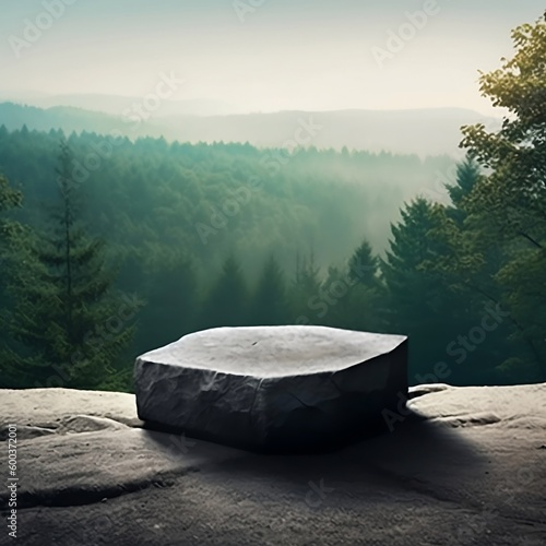 Flat small stone podium on rock platform illustration, gray rock pedestal for product display, green forest and blue horizon on the background, scenery landscape, soft daily light, Generative AI.