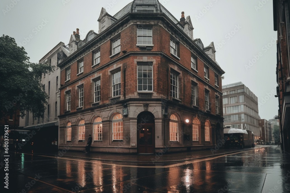 A vintage colonial building in rainy London. Generative AI