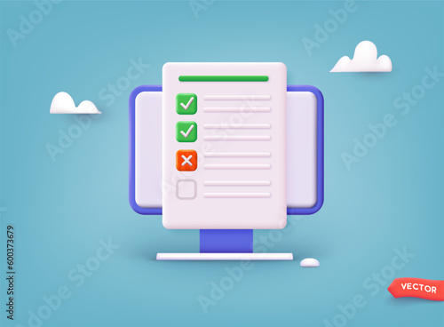 DIsplay monitor and checkbox and marks, online questionnaire results. 3D Web Vector Illustrations.