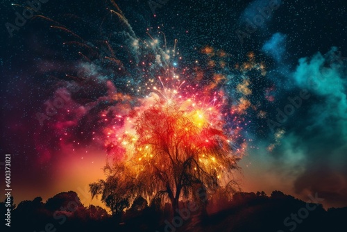 An explosive display of vibrant colors illuminating the nocturnal sky. Generative AI