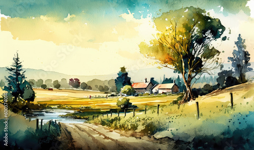 Countryside with a farmhouse and trees during the summer. Watercolor illustration. Generative AI photo
