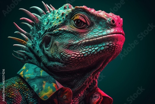Pop art iguana portrait with masked person and an organism illustration. Generative AI © Amira
