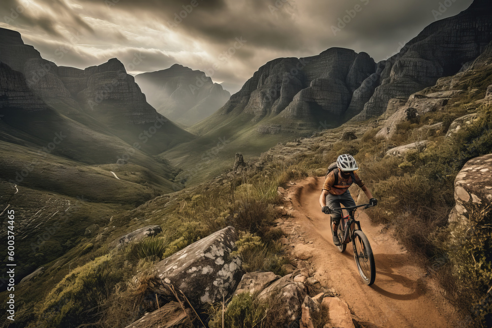 High-speed mountain biking , featuring a daring rider navigating a rugged, rocky trail, with a breathtaking mountain vista as the backdrop. Generative AI