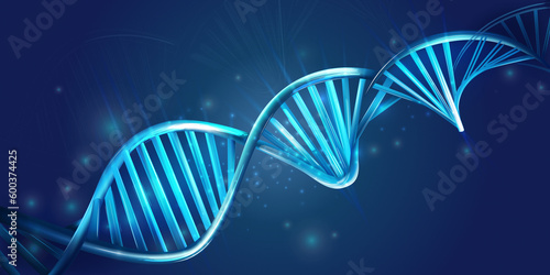 Glowing DNA spiral on a dark blue background.