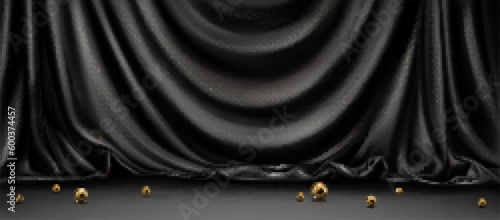 Black silk fabric podium backdrop with gold sphere vector. Elegant cloth stage with golden glitter and bubble decoration. Smooth 3d satin textile surface with drape. Vintage luxury presentation