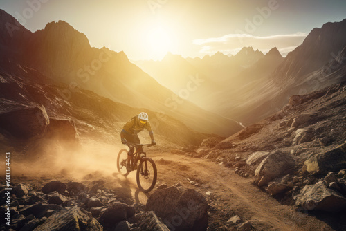 High-speed mountain biking , featuring a daring rider navigating a rugged, rocky trail, with a breathtaking mountain vista as the backdrop. Generative AI