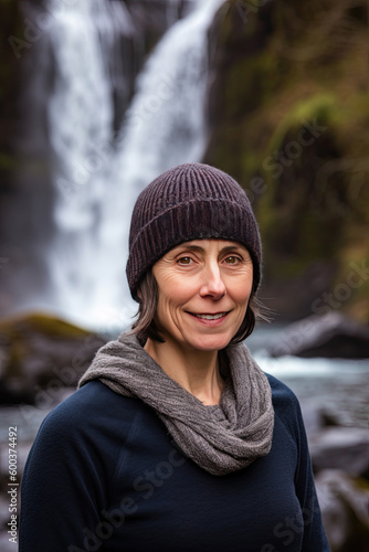 Woman traveler in brown hat and gray jacket by mountain waterfall. Travel, freedom, lifestyle concept. Generative AI