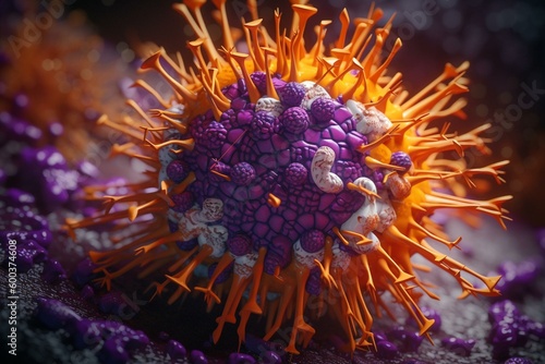 3D depiction of influenza virus with purple hemagglutinin and orange neuraminidase spikes. Generative AI photo