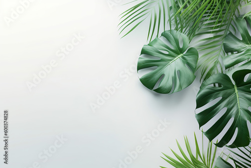 Top view of isolated monstera leaves on large light pastel background. Flat lay composition with space for copy.