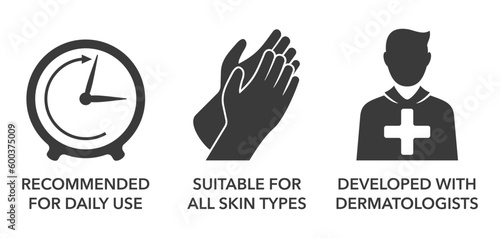Daily use, All skin types, Dermatologists icon set