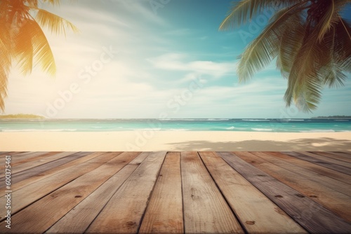 Wooden planks table tropical. Generate Ai