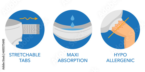 Diapers icons - stretchable, absorption, allergy