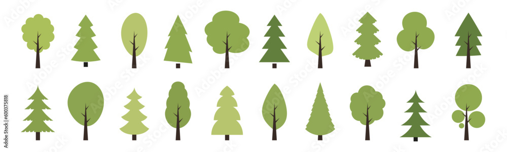Green tree vector icon set. Wood with leaf natural collection in flat style. Tree simple different logo design elements. 