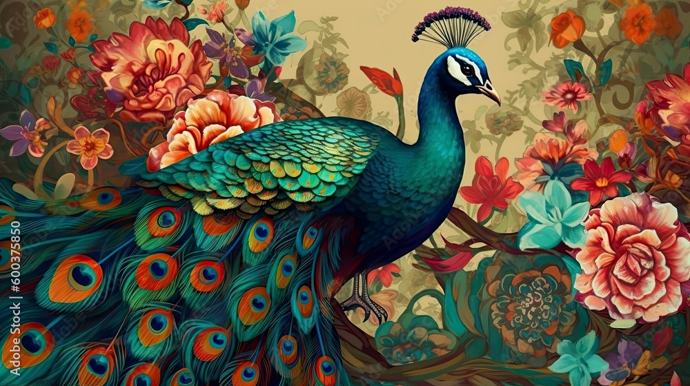 Fototapeta premium Exotic oriental pattern with peacocks and flowers in bright color background, Generative AI