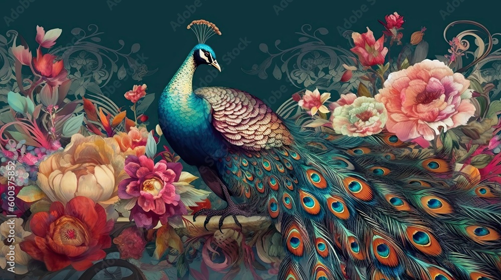 Fototapeta premium Exotic oriental pattern with peacocks and flowers in bright color background, Generative AI