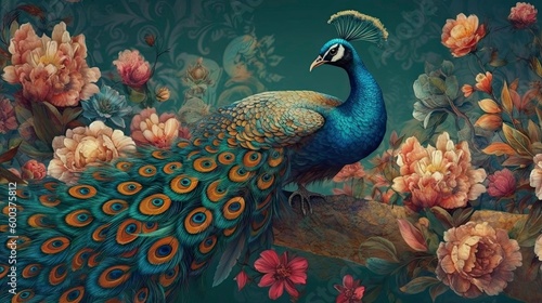 Exotic oriental pattern with peacocks and flowers in bright color background, Generative AI
