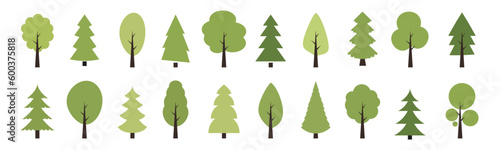Green tree vector icon set. Wood with leaf natural collection in flat style. Tree simple different logo design elements. 
