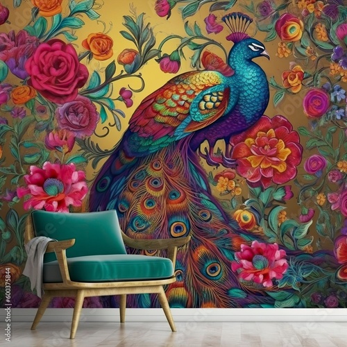 Interior design wallpaper, flowers and birds, Generative Ai