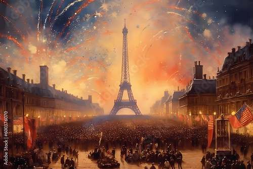 A painting of eiffel tower with fireworks in the background. Bastille Day French National Day La Ft Generative AI