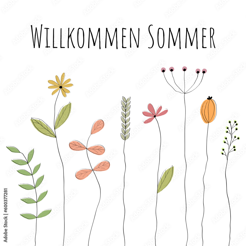 Willkommen Sommer Schriftzug in deutscher Sprache. Grußkarte mit