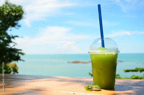 Drink refreshing juices on a new day with sea views. Fruit juices make you healthy and strong. Get vitamins from fruit juices that you can make yourself.