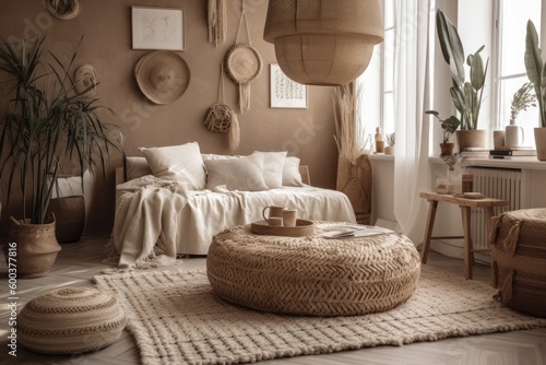Minimal  monochromatic spaces with boxy  bohemian style furniture and layers of textured blankets. The love of minimalism  textures and cozy spaces is prevalent among Gen Z. Generative AI