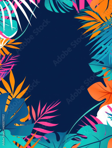 Tropical floral background with copy space. Blue tones base. Generative AI © CostantediHubble
