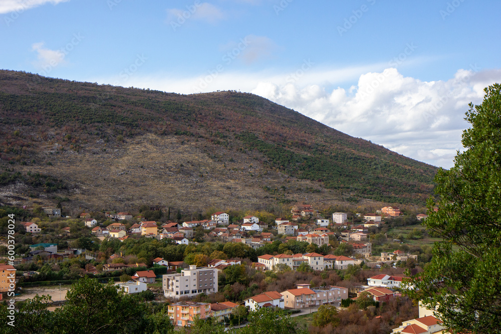 The view of the village of Medjugorje and Mount Križevac above it. Medjugorje, Bosnia and Herzegovina. 2016/11/12.	