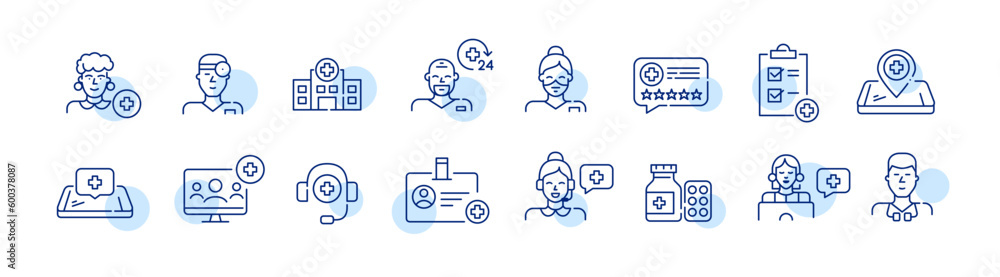 Healthcare professionals and hospital. General practitioner, 24 hour support, online services. Pixel perfect, editable stroke icons set