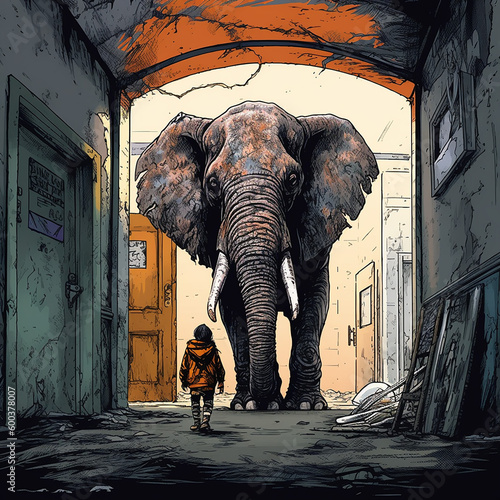 Elephant illustration   A child is walking towards an big elephant that is in a tunnel.