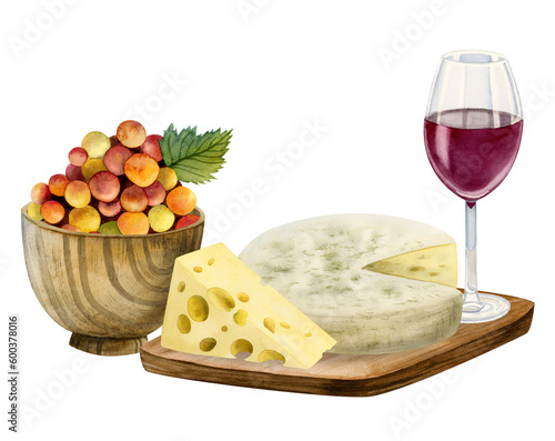 Watercolor Swiss cheese, camembert, white mould cheese with grapes in wooden bowl and glass of red wine illustration isolated on white background. Hand drawn appatizer clipart photo