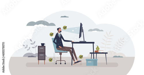 Ergonomics for remote work and correct seat position tiny person concept, transparent background. Computer chair height for spine, back and neck problem prevention illustration.