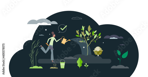 Gardening for beginners and grow you own food plants tiny person concept, transparent background. Harvest vegetables from soil as female hobby for recreation and green living illustration.