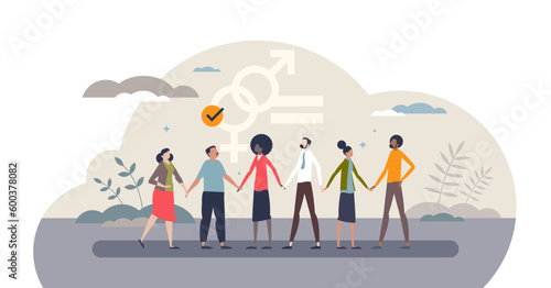 Gender equality and same rights for male and female tiny person concept, transparent background. Fairness, justice and solidarity for all community groups illustration.
